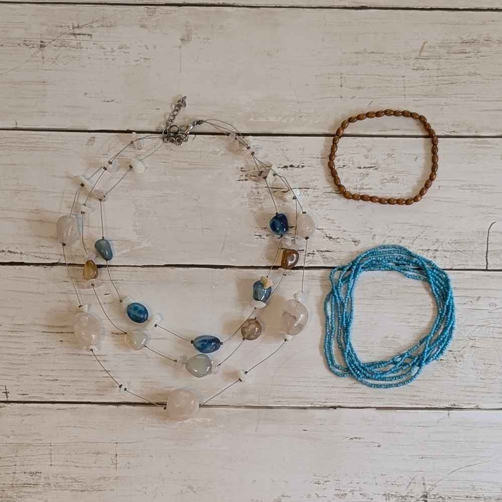 60" Glass Seed Bead Rope, Illusion Necklace Jewelry Lot, Aqua & Boho Earth Tones